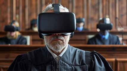 Poster - Judge utilizes virtual reality technology during a modern trial in a high-tech courtroom setting