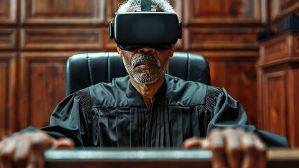 Poster - Virtual reality judge conducting a trial in an advanced digital courtroom setting with immersive technology
