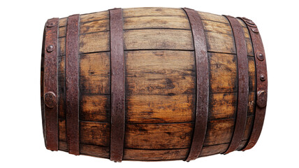 Fototapete - Old wooden barrel showing rusty metal rings on transparent background