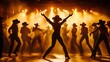 © Moonoy - Silhouette of Line Dancers at Country Western Dance Party with Dramatic Stage Lighting