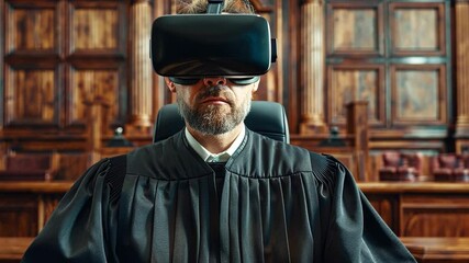Poster - Virtual Reality Transformation in Judiciary with Judge Wearing VR Headset in Courtroom