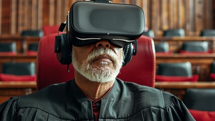 Poster - Judge wearing virtual reality headset in a modern courtroom setting during a simulated trial experience