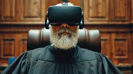 Poster - Judge participates in a virtual reality trial using advanced technology in a courtroom setting