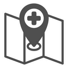 Poster - Map and location pin with medical cross solid icon, human rescue concept. Vector graphics. Geo position, navigation sign on white background, glyph style icon for mobile or web design.