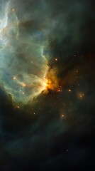 Wall Mural - Cosmic Nebula: Golden Embers in a Dark Green Sky