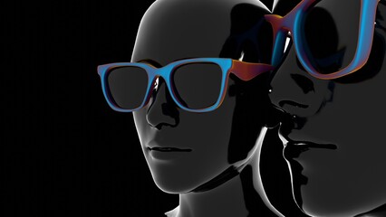 Poster - Glossy black mannequins wearing vibrant color-shift sunglasses on a dark background, creating a sleek, minimal, and futuristic fashion concept........