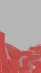 Poster - Vivid red polygonal surfaces form a low-poly mountain-like landscape on a light background, creating a modern abstract design.......