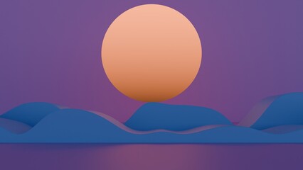 Aufkleber - Minimal abstract scene with a large orange sun and rolling blue waves against a purple sky, creating a dreamy, surreal landscape with soft curves and serene tones........