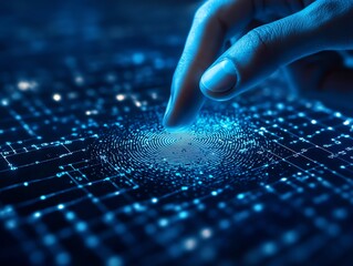 Poster - Cybersecurity: Fingertip on Glowing Fingerprint Scan