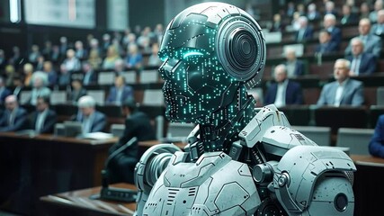Poster - Virtual reality courtroom featuring a robotic judge in a futuristic trial setting