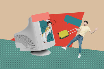 Aufkleber - Creative image collage of woman from screen pc and guy hold suitcase