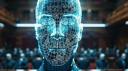 Poster - Virtual judge presiding over a trial in an augmented reality courtroom setting with high-tech visuals