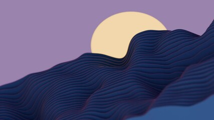 Poster - Navy blue waves layered in the foreground with a large circular shape on a purple background, creating a minimal, modern, and surreal design.
