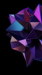 Poster - Multi-faceted polyhedron with purple and teal triangles on a black background, reflecting a glossy, futuristic style with geometric angles and a color shift.