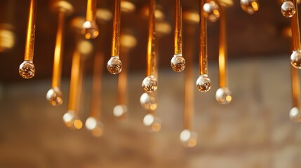 Poster - Abstract Close-Up of Droplets on Long Golden Rods in Modern Design
