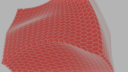 Fototapete - Vivid red polygonal surfaces form a low-poly mountain-like landscape on a light background, creating a modern abstract design.
