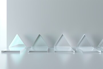 Poster - A minimalistic and high-end abstract 3D wallpaper with symmetrical glass triangle plates, hovering in a precise row, transparent surfaces reflecting soft neon blue highlights