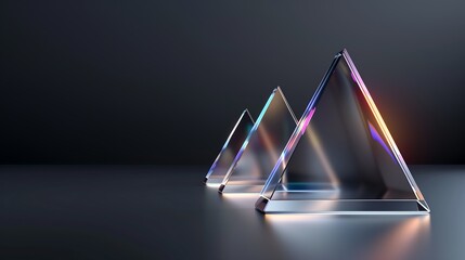Poster - A sleek and modern abstract 3D composition with a row of floating transparent triangular glass plates, glowing edges reflecting holographic colors, a deep black background