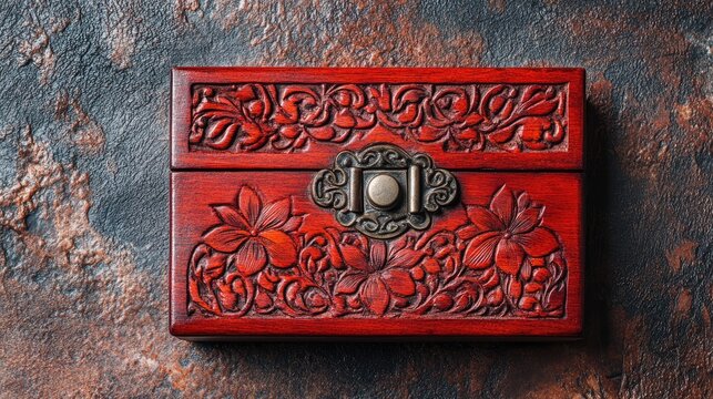 A beautifully carved wooden makeup case with a vintage latch on a rustic brown background