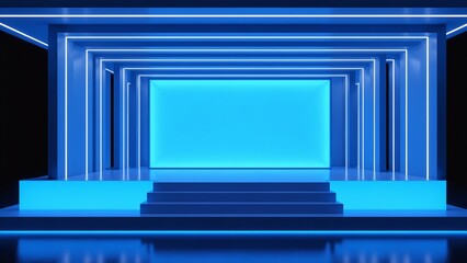 Poster - Futuristic Blue Geometric Podium Sleek Minimal Product Display for Advanced Tech Branding, Digital Marketing, and Immersive Presentation Strategies
