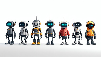 Poster - a group of robots standing together with a variety of appearances and styles. each robot has unique design details and expressions