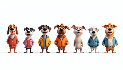 Poster - a group of seven cartoon dogs wearing different colored jackets, each dog has a unique expression