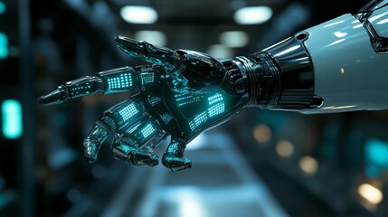 Aufkleber - Robotic Hand: Glowing Cyan Details in Industrial Setting