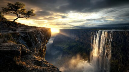 Aufkleber - Majestic waterfall cascading into valley scenic landscape nature photography sunrise glow panoramic view