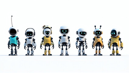 Aufkleber - a group of cute robots of different colors and shapes standing in a row