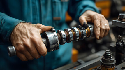 Poster - A mechanic works on a precision engine component, showcasing expertise and craftsmanship in a workshop setting