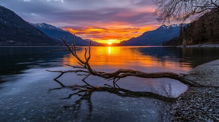 Poster - Stunning sunset over serene lake mountain range nature photography calm waters aesthetic viewpoint