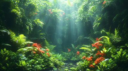 Poster - A lush, vibrant jungle scene with beams of sunlight filtering through dense foliage, highlighting colorful flowers amidst rich greenery