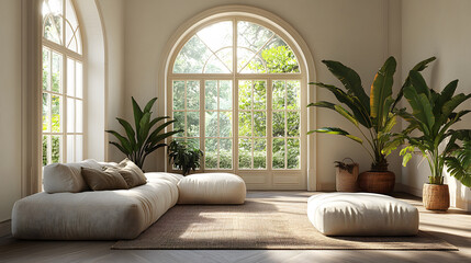 Fototapete - A bright and airy living space featuring large windows, plush seating, and lush indoor plants, creating a serene and inviting atmosphere