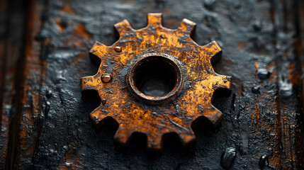 Poster - A close-up view of a rusty gear, showcasing its intricate design and weathered texture against a dark, oily background