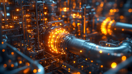 Poster - A close-up view of a futuristic metallic structure with glowing orange elements, showcasing intricate designs and advanced technology