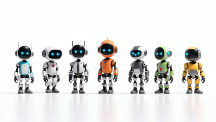 Aufkleber - a row of diverse, colorful robots standing side by side
