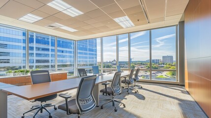 Poster - office building with floor-to-ceiling windows, offering expansive views of the city, where natural light fills the workspace, providing a comfortable environment for employees