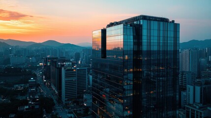 Poster - A spacious office building with panoramic views of the city, offering employees a stunning outlook, as well as a productive and inspiring atmosphere for work.