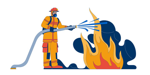 Poster - Firefighter extinguishing large fire 2D vector illustration. Fireman in protective gear spraying water from fire hose to flames flat character isolated on white background. Colorful cartoon image