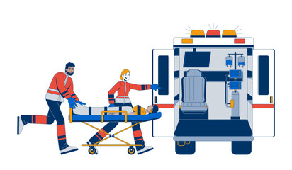 Poster - Paramedics loading patient into ambulance 2D vector illustration. Urgent care. Medical first responders with emergency stretcher flat characters isolated on white background. Colorful cartoon image