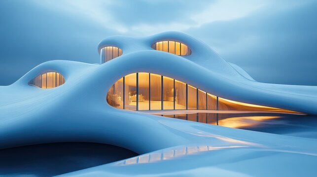 Futuristic house, organic design, coastal setting, twilight, architectural rendering