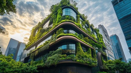 Poster - A stunning office building with a futuristic design, featuring innovative green architecture, rooftop gardens, and energy-efficient systems, contributing to a sustainable work environment.