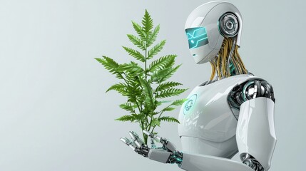Poster - A harmonious vision of a high-tech robot gently holding a growing plant with SDG elements.