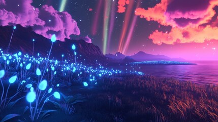 Poster - A surreal paradise with glowing bioluminescent plants and a night sky filled with colorful auroras.