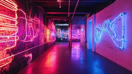 Poster - A vibrant display of high-voltage electricity coursing through neon light installations in an urban setting