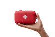 © SekhSadi - Female hand holding red first aid medical kit bag isolated on white background PNG. AI GENERATIVE