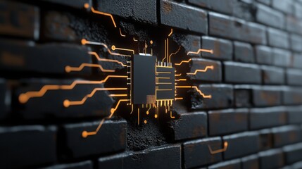 Fototapete - Minimalist Digital Circuit Breaking Through a Brick Wall Design
