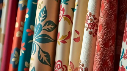 Poster - A row of colorful curtains with floral designs. The curtains are arranged in a row and are of different colors
