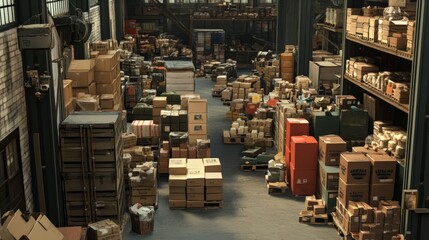 Poster - a warehouse full of goods being inventoried and prepared for distribution and exchange with other su