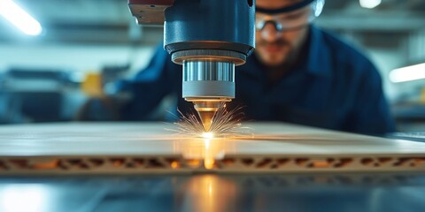 Poster - craftsman shaping wood with precision laser engraving in action inside busy workshop